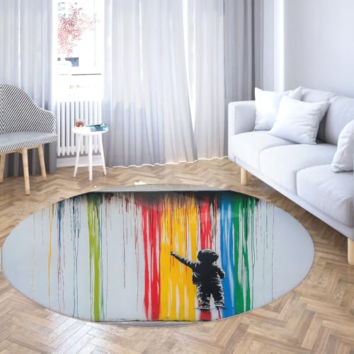Runder Wohnzimmerteppich Regenbogenfarbe Tropfbereich Teppiche Weicher Kreis Graffiti Street Art Kinderzimmerteppich Dünner Rutschfester waschbarer Teppich mit niedrigem Flor für 180cm von WEECHAINGE