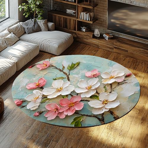 Runder Wohnzimmerteppich rutschfest waschbar niedrig florig rosa weiße Blüte Blumen Öl Malerei Stil Druck Teppich für Schlafzimmer Kinder Zimmer Dekor 90cm von WEECHAINGE
