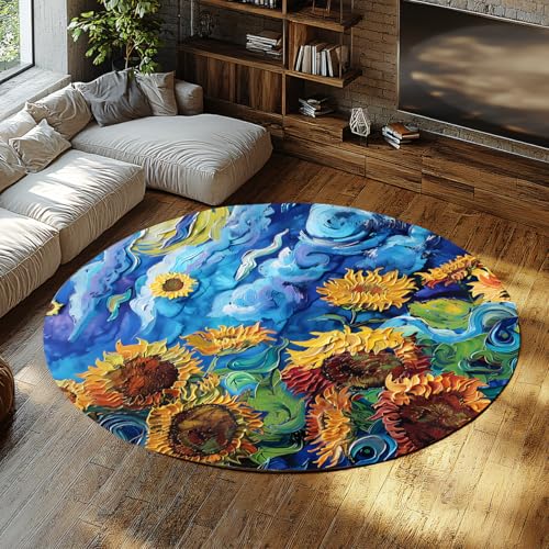 Runder großflächiger Teppich Wohnzimmer waschbar weiche Sonnenblume Blumendruck Teppiche für Wohnheim Indoor Rutschfester Wohnteppich Schlafzimmer Esstisch Home Office Dekor Blau Gelb 150cm von WEECHAINGE