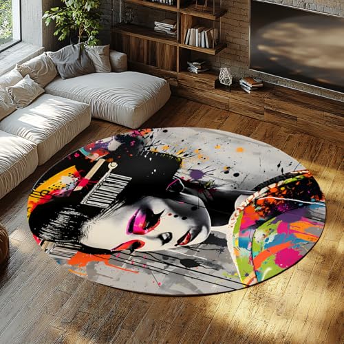 Runder großflächiger Teppich waschbare kreisförmige Teppiche Graffiti Geisha Portrait rutschfester niedriger Flor kleiner Wohnteppich für Schlafzimmer Badezimmer Eingangsbereich Kinderzimmer 60cm von WEECHAINGE