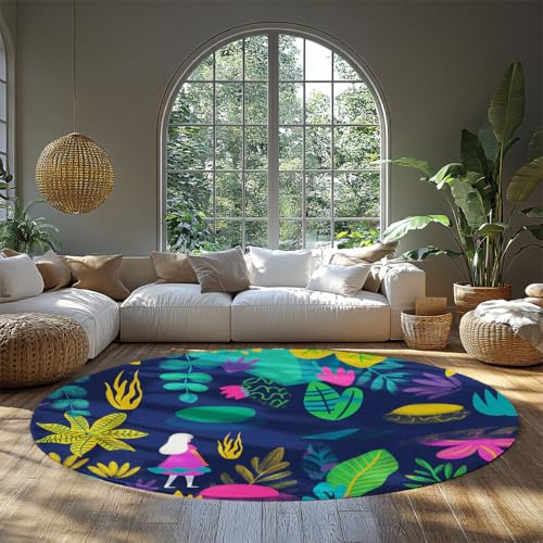 Runder neutraler Teppich tropischer Dschungel Kinder Spielmatte waschbar rutschfester niedriger Flor Marineblau Bunter botanischer Kreis Wohnteppich für Kinderzimmer Schlafzimmer Wohnzimmer 135cm von WEECHAINGE