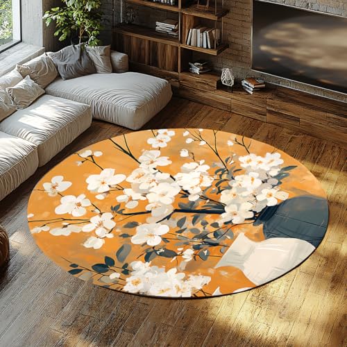 Runder waschbarer Teppich Vintage-Teppiche Bodenbelag für den Innenbereich Druck Distressed Blumen Chenille Akzent Wohnteppich Küche Wohnzimmer Schlafzimmer Esszimmer Orange und Elfenbein 135cm von WEECHAINGE