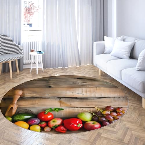 Rustikale Holzdiele Obstdruck Runde Fläche Teppiche für Küche Waschbar Rutschfester niedriger Flor Weicher Teppich Äpfel Trauben Tomaten Erdbeeren Braun Rot Grün Esszimmer Eingangsbereich 120cm Rustikale Holzdiele Obstdruck Runde Fläche Teppiche für Küche Waschbar Rutschfester niedriger Flor Weicher Teppich Äpfel Trauben Tomaten Erdbeeren Braun Rot Grün Esszimmer Eingangsbereich 120cm von WEECHAINGE