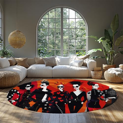 Schwarz Rot Orange Mode Illustration Runde Maschinenwaschbare Bereich Teppiche für Wohnzimmer Rutschfester niedrigfloriger Schlafsaalteppich Faltbarer weicher Innenbodenteppich Esszimmer 100cm von WEECHAINGE