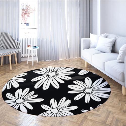 Schwarz und Weiß Daisy rutschfeste Moderne Kreis Flora Teppiche Waschbarer weicher, schmutzabweisender, leicht zu reinigender Teppich für Familien mit Haustieren Kinderzimmer 120cm von WEECHAINGE