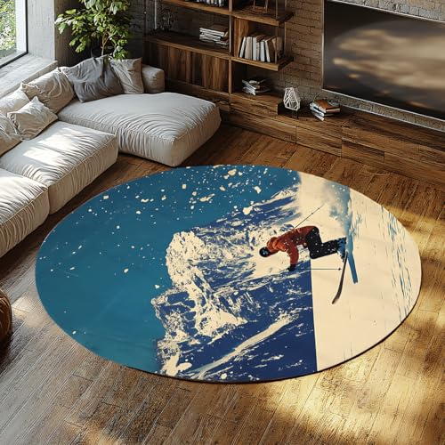 Ski Alpin Schnee Berg Blau & Elfenbein Runde Lounge Teppiche Vintage Teppich Indoor Bodenbelag Print Distressed Multi Circle Chenille Akzent Wohnteppich Küche Wohnzimmer Schlafzimmer 90cm von WEECHAINGE