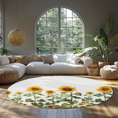 Sonnenblume Rund Waschbarer Teppich Bauernhaus Stil Gelb Blumen Eingangsteppiche Weißer Hintergrund Waschbare Antirutschmatte Für Schlafzimmer Küche 135cm von WEECHAINGE