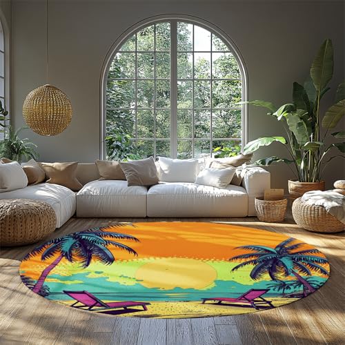 Strand Sonnenuntergang Runder Teppich Tropischer Sommerteppich mit Palmen Meerblick Weiche Wohnzimmerbereich Teppiche Runde Bodenmatte für Lounge Dekor 150cm Strand Sonnenuntergang Runder Teppich Tropischer Sommerteppich mit Palmen Meerblick Weiche Wohnzimmerbereich Teppiche Runde Bodenmatte für Lounge Dekor 150cm von WEECHAINGE