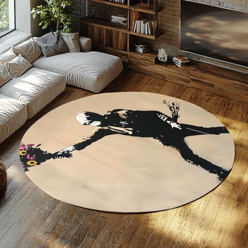 Street Art Kleine Runde Teppiche Waschbar Rutschfester Kreis Teppich für Badezimmer Weich Vintage Beige Schwarz Graffiti Akzent Nicht Verschütten Indoor Couchtisch Matte Schlafzimmer Eingang 120cm von WEECHAINGE