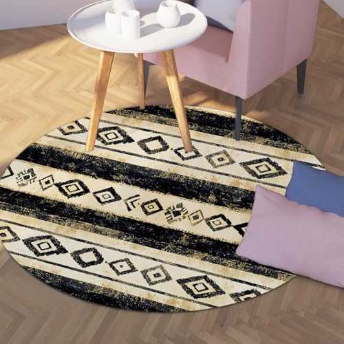 Tribal Geometrische Runde Große Teppiche für Wohnzimmer Waschbar Vintage Weicher Rutschfester Distressed Creme/Schwarzer Kreis Teppich Niederflor Akzent Wohnteppich Esszimmer Schlafzimmer 80cm von WEECHAINGE
