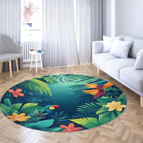 Tropischer Dschungel Runder Bereich Teppich Bunte Papageien Blumen Weicher niedrigfloriger Rutschfester Teppich für Kinderzimmer Schlafzimmer Wohnzimmer Spielzimmer Kinderzimmer 135cm Tropischer Dschungel Runder Bereich Teppich Bunte Papageien Blumen Weicher niedrigfloriger Rutschfester Teppich für Kinderzimmer Schlafzimmer Wohnzimmer Spielzimmer Kinderzimmer 135cm von WEECHAINGE