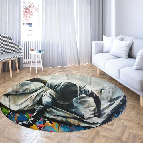 Urban Street Art Kreis Badezimmerteppich Graffiti Runde Fläche Teppiche für Wohnzimmer rutschfest weich niedrigflorig Nicht verschüttet für Schlafzimmer Schlafsaal Büro 150cm von WEECHAINGE