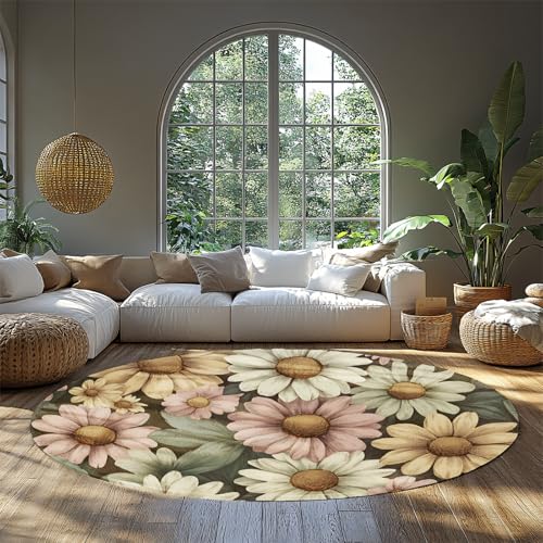 Vintage Daisy Floral Print Runder Teppich für das Wohnzimmer Waschbare Flächenteppiche Circle Mat Braun Mehrfarbig Rutschfester niedriger Flor dünner weicher Teppich 135cm Vintage Daisy Floral Print Runder Teppich für das Wohnzimmer Waschbare Flächenteppiche Circle Mat Braun Mehrfarbig Rutschfester niedriger Flor dünner weicher Teppich 135cm von WEECHAINGE