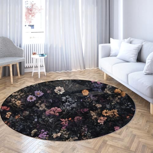 Vintage Dunkler Blumen Runder Wohnzimmerteppich Waschbarer Rutschfester Kreisteppich Niedrige Flor Weiche Teppiche für Schlafzimmer Kinderzimmer Büro Eingangsboden 100cm Vintage Dunkler Blumen Runder Wohnzimmerteppich Waschbarer Rutschfester Kreisteppich Niedrige Flor Weiche Teppiche für Schlafzimmer Kinderzimmer Büro Eingangsboden 100cm von WEECHAINGE