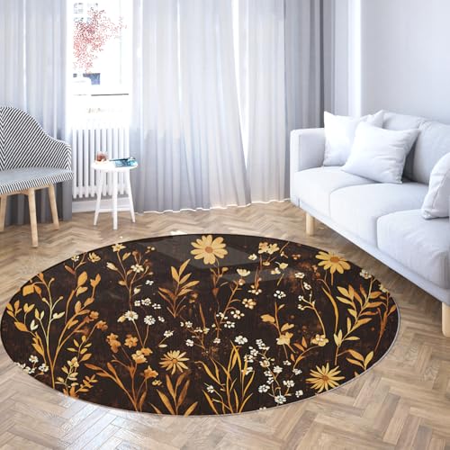 Vintage Floral Runder Teppich Rustikale botanische Wildblumen Gelb und Weiß Weicher maschinenwaschbarer Teppich für Schlafzimmer Esszimmer Eingangsbereich Boden 150cm von WEECHAINGE