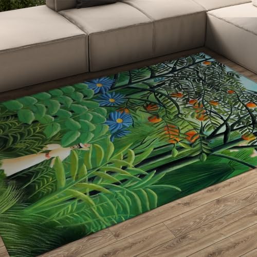 Vintage Henri Rousseau Area Teppich 80x150cm Rutschfester Rücken Dschungel Natur Kunst Exotischer Wald Druck Flur Läufer Teppiche mit niedrigem Flor Leichter waschbarer Wohnteppich für von WEECHAINGE