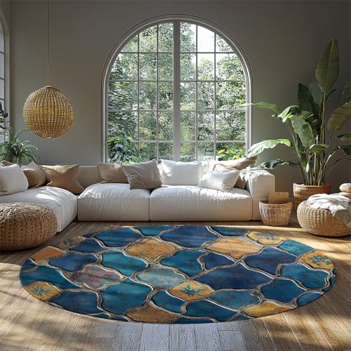 Vintage Runde Klassenzimmerteppiche Waschbar Große Boho Fliesen Kreis Blau Teppich für Wohnzimmer Rutschfester weicher Wohnteppich Flachflor Eingangsbereich Teppiche Foyer Küche Kinderzimmer 160cm von WEECHAINGE