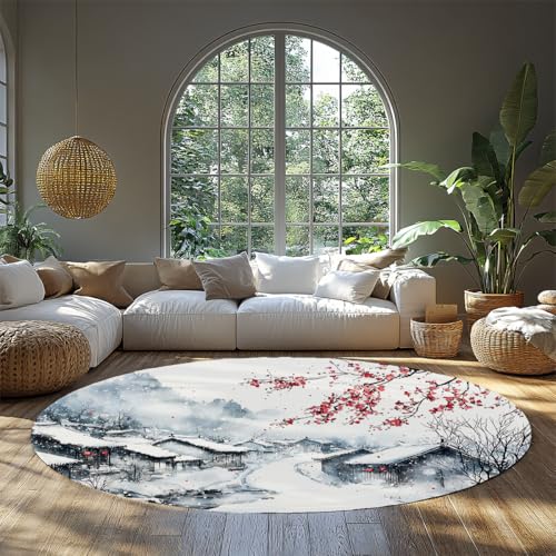 Vintage Runde Teppiche für Küche Weiß Grau Rot Waschbarer Kreis Teppich rutschfest Bedruckte Kirschblüte Winter Dorf Wohnteppich Wohnzimmer Weich Gemütlich Esszimmer Überwurf den 240cm Vintage Runde Teppiche für Küche Weiß Grau Rot Waschbarer Kreis Teppich rutschfest Bedruckte Kirschblüte Winter Dorf Wohnteppich Wohnzimmer Weich Gemütlich Esszimmer Überwurf den 240cm von WEECHAINGE