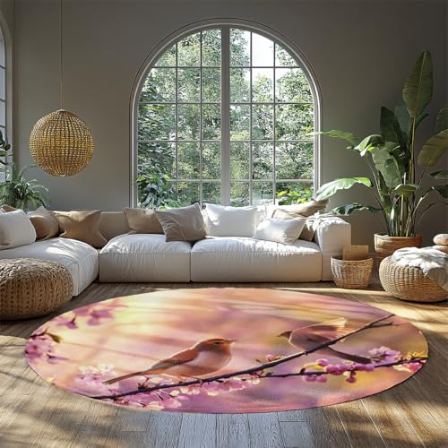 Vintage runder Teppich Wohnzimmer rosa Kirschblüte mit Vögeln waschbare Kreisteppiche Rutschfester bedruckter Blumenteppich für Wohnraum weicher gemütlicher ESS-Küchen-Überwurf den 240cm Vintage runder Teppich Wohnzimmer rosa Kirschblüte mit Vögeln waschbare Kreisteppiche Rutschfester bedruckter Blumenteppich für Wohnraum weicher gemütlicher ESS-Küchen-Überwurf den 240cm von WEECHAINGE