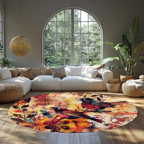 Vögel & Blumen Kinder Runder Teppich Waschbare Kinderzimmerteppiche Dünner rutschfester Kreisteppich für Klassenzimmer Spielzimmer Schlafzimmer Kinderzimmer Buntes Boho botanisches Muster in 100cm von WEECHAINGE
