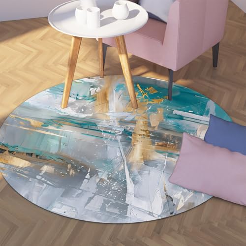 WEECHAINGE Abstrakt Blaugrün Aqua Grau Gold Pinselstrich Kreis Bereich Teppich Wohnzimmer Anti Rutsch Maschine Waschbar Niedrigflor Nachttisch Schlafzimmer Throw Teppiche 160cm von WEECHAINGE