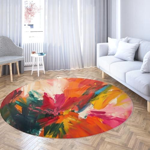 WEECHAINGE Abstrakte Kunst Runde Fläche Teppich Rot Orange Rosa und Grün Weicher Rutschfester Farbe Splash Teppich für Kinderzimmer Schlafzimmer Wohnzimmer Spielzimmer Boden 60cm von WEECHAINGE