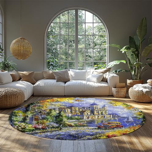 WEECHAINGE Aquarell Europäisches Dorf Rund Abwaschbarer Bereich Teppich Malerischer Fluss Schloss Vintage Auto Segelboot Druck Büroteppiche Niedriger Flor Rutschfester Wohnteppich für Esszimmer 80cm WEECHAINGE Aquarell Europäisches Dorf Rund Abwaschbarer Bereich Teppich Malerischer Fluss Schloss Vintage Auto Segelboot Druck Büroteppiche Niedriger Flor Rutschfester Wohnteppich für Esszimmer 80cm von WEECHAINGE