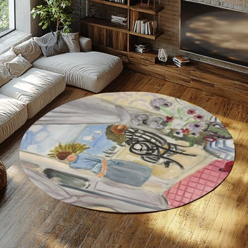 WEECHAINGE Balkon Fenster Blick Runder Klassenzimmerteppich 150cm Maschinenwaschbar rutschfeste Kurzflor Kreisteppiche für Schlafzimmer Wohnzimmer Kinderzimmer Spielzimmer Home Office SOFE Non von WEECHAINGE