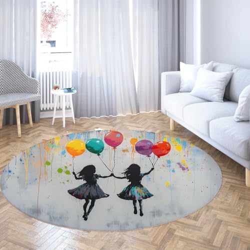 WEECHAINGE Ballon Mädchen Street Art Runder Teppich für Klassenzimmer Graffiti Farbspritzer Abwaschbarer Rutschfester schmutzabweisender Kreisteppich Kinderzimmer/Kinderzimmer Grau Multi 60cm von WEECHAINGE