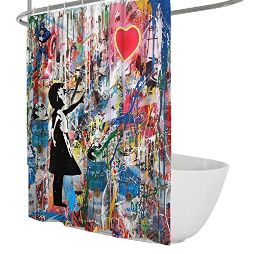 WEECHAINGE Ballonmädchen-Duschvorhänge mit Buntem Graffiti-Hintergrund Banksy-Stil wasserdichter Stoff-Badeduschvorhang-Liner-Set mit Haken B160xL180cm von WEECHAINGE