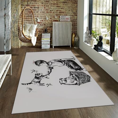 WEECHAINGE Banksy Stil Graffiti Bereich Teppich Kleiner Junge und Ragdoll Fußmatten Kinderzimmerteppich weich gemütlich Akzent Teppich Küche Büro waschbar 120x160cm von WEECHAINGE