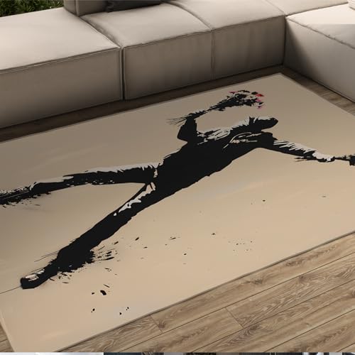WEECHAINGE Banksy Stil Street Art Bereich Teppich Junge mit Blumenmuster Akzent Teppich Schlafzimmer Teppiche Fußmatte vor Kamin rutschfest 120x240cm von WEECHAINGE