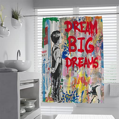 WEECHAINGE Banksy Style Shower Curtain Little Boy & Big Dream Watercolor Fabric Bath Curtain with Red Words Including Shower Curtain Rings Hook W120xL180cm von WEECHAINGE