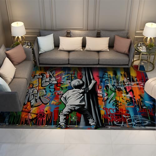 Banksy Style Street Graffiti Bereich Teppich Kleiner Junge Geöffnet Der Vorhang Teppich Ideal Für Eingangsbereich Wohnzimmer Schlafzimmer Niedriger Flor 90x120cm von WEECHAINGE