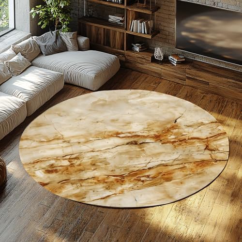WEECHAINGE Beige Braun Marmor Textur Runder Boden Teppich Wohnzimmer Anti Rutsch Waschbar Kurzflor Modernes Schlafzimmer Nachttisch Pflegeleicht Teppich Wohnkultur 90cm von WEECHAINGE