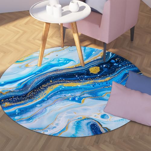 WEECHAINGE Blau & Gold Abstrakter runder Fußmatten-Waschteppich mit Rutschfester Rückseite für Wohnzimmer Schlafzimmer Büro Moderner Marmorteppich 100cm von WEECHAINGE
