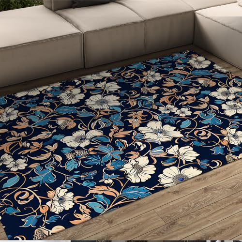 WEECHAINGE Blauer William Morris Stil Bereich Teppich Bauernhaus Pflanzen Blume Fußmatte Retro Ästhetik Teppich für Schlafzimmer Wohnzimmer Dekor 120x160cm von WEECHAINGE