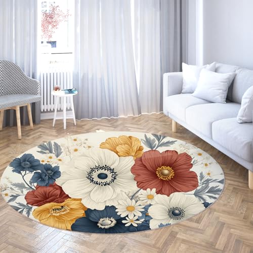 WEECHAINGE Boho Floral Runder Teppich Große Vintage Botanische Blumen Rot Gelb und Blau Rutschfester Maschinenwaschbarer Teppich für Kinderzimmer Schlafzimmer Spielzimmer 60cm von WEECHAINGE