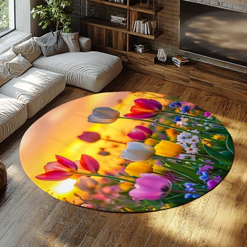 WEECHAINGE Bunte Tulip Sunset Runder Teppich Maschinenwaschbar Rutschfester Blumen-Design-Flachflor-Kreisteppich für Kinderzimmer Spielzimmer Haustier kinderfreundlich 60cm von WEECHAINGE