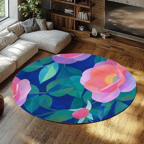 WEECHAINGE Bunter Blumen runder Teppich rutschfest waschbar niedrigflorig rosa blau grün Blütenmuster weicher Mikrofaserteppich für Wohnzimmer Schlafzimmer 150cm WEECHAINGE Bunter Blumen runder Teppich rutschfest waschbar niedrigflorig rosa blau grün Blütenmuster weicher Mikrofaserteppich für Wohnzimmer Schlafzimmer 150cm von WEECHAINGE