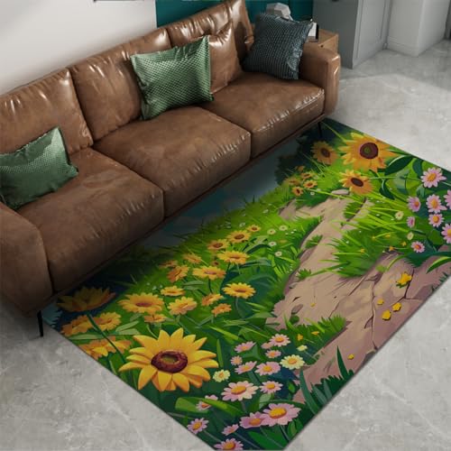 WEECHAINGE Cartoon Sonnenblumen Bereich Teppiche für Wohnzimmer/Bedrooom Kinder Sommer Blumenteppich für Kleinkindzimmer Spielzimmer rutschfest waschbar 120x210cm von WEECHAINGE