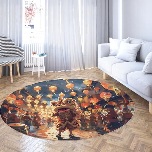 WEECHAINGE Chinesisches Neujahr Rund Schlafzimmer Teppiche Waschbar rutschfest Festival Laterne Löwe Tanz Kreis Teppich für Wohnzimmer Kinderzimmer Urlaub Dekor Rot 60cm von WEECHAINGE