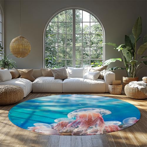 WEECHAINGE Circle Rug Ocean Jellyfish-Style Vintage Runder Haustürteppich Rutschfester niedriger Flor kleine kreisförmige Teppiche für Schlafzimmer Badezimmer Eingangsbereich Kinderzimmer Büro 80cm von WEECHAINGE