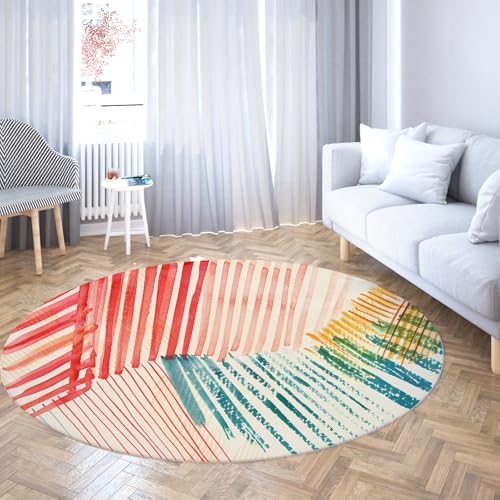 WEECHAINGE Creme Koralle Blaugrün Runder Teppich Waschbare Flächenteppiche Indoor Circle Mat Leicht rutschfest für Wohnzimmer Esszimmer Abstrakte Streifen Kunst 150cm WEECHAINGE Creme Koralle Blaugrün Runder Teppich Waschbare Flächenteppiche Indoor Circle Mat Leicht rutschfest für Wohnzimmer Esszimmer Abstrakte Streifen Kunst 150cm von WEECHAINGE