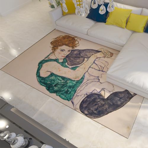 WEECHAINGE Egon Schiele Stil Bereich Teppich Sitzende Frau mit hochgezogenen Beinen Ästhetische Kunst Rutschfester Teppich für Kücheneingang Innen-Fußmatte 120x160cm von WEECHAINGE