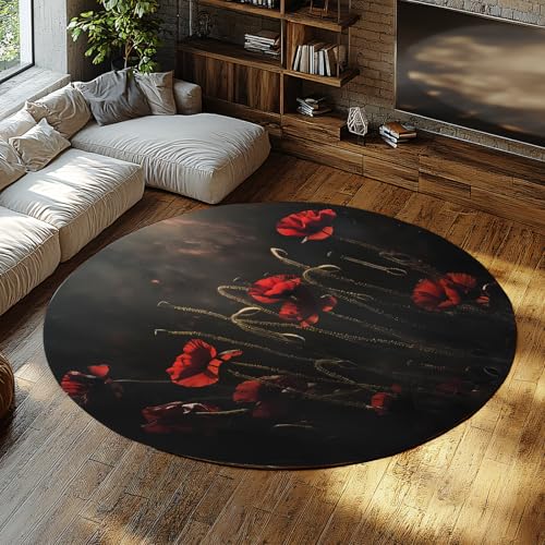 WEECHAINGE Eleganter schwarzer runder Rutschfester Teppich mit roten Blumen und goldenen Linien waschbare niedrigflorige künstlerische Kreisbodenteppiche für das Wohnzimmer Hinterhof-Foyer 120cm von WEECHAINGE