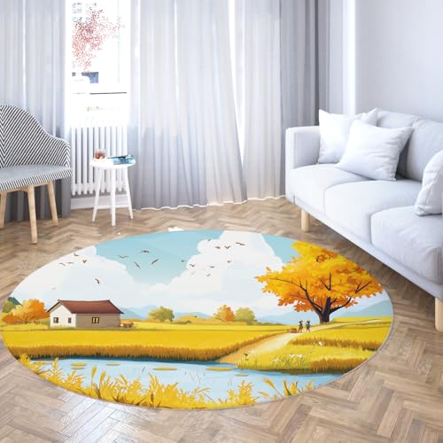 WEECHAINGE Erntefeld Runde Waschbare Fläche Teppiche für Wohnzimmer Weicher Rutschfester Kreis Teppich Cottage Baum und Blauer Himmel Muster Kinder Kinderzimmer Schlafzimmer Klassenzimmer Büro 90cm von WEECHAINGE