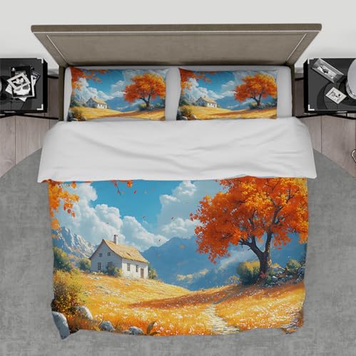 WEECHAINGE Fairytale Countryside Bettbezug 3pc Golden Autumn Cottage Orange Trees Mountain View Weiches atmungsaktives Bettwäsche-Set mit Reißverschluss Krawatte 220x240 cm WEECHAINGE Fairytale Countryside Bettbezug 3pc Golden Autumn Cottage Orange Trees Mountain View Weiches atmungsaktives Bettwäsche-Set mit Reißverschluss Krawatte 220x240 cm von WEECHAINGE