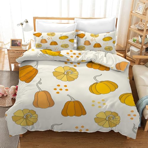 WEECHAINGE Festlicher rustikaler Bettbezug Gelb Orange Kürbisse Bettwäsche Set mit 4 Eckbindern und 2 Shams Wendebettbezug Set mit Reißverschluss 155x220 cm von WEECHAINGE