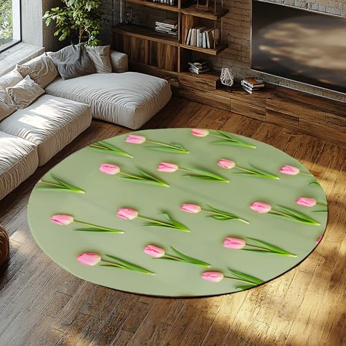 WEECHAINGE Frühling Blumen Runde Teppiche Pastellgrün Rosa Tulpe Blumen Minimalistischer botanischer weicher Rutschfester Büroteppich für Wohnzimmer Wohnkultur 60cm von WEECHAINGE